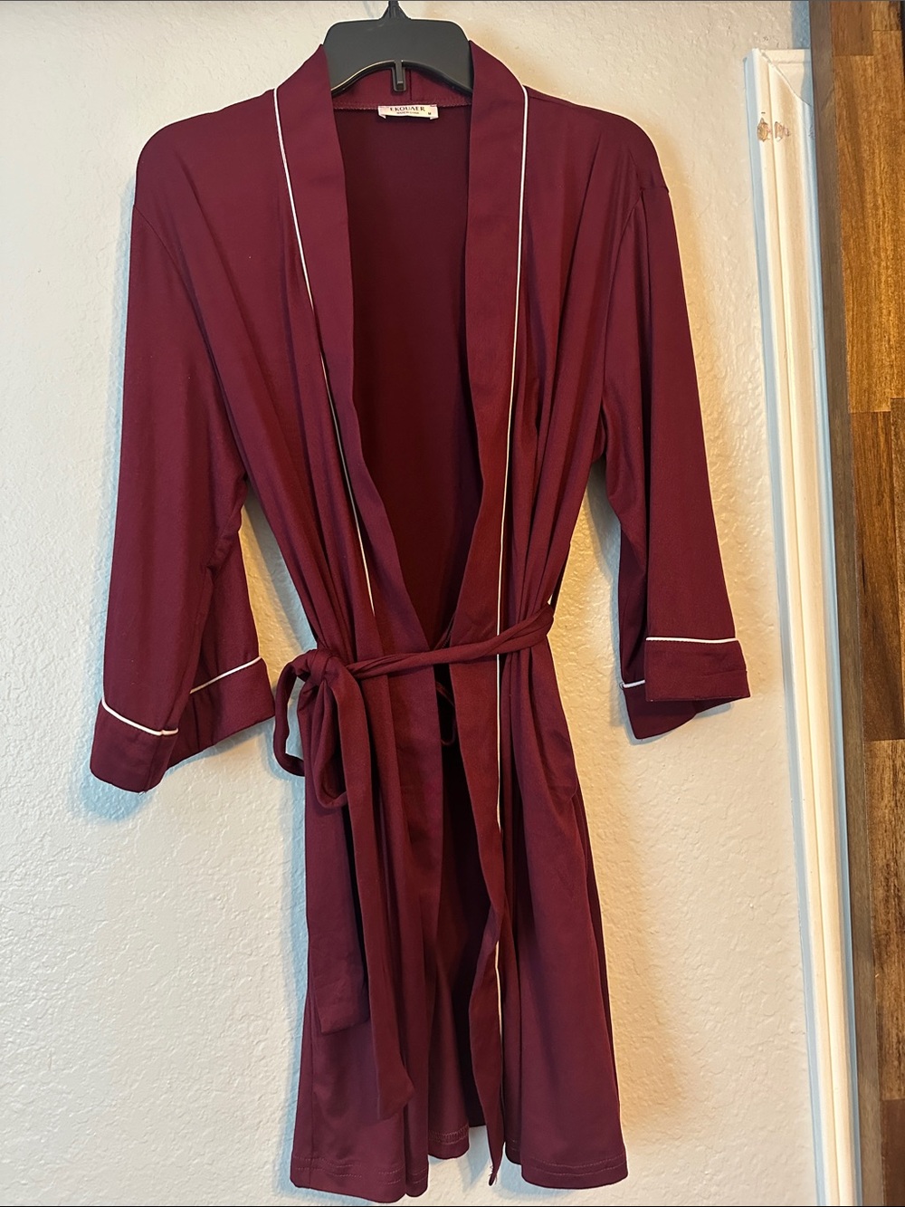 Burgundy Open Front Long Kimono Robe with Contrast Piping and pockets